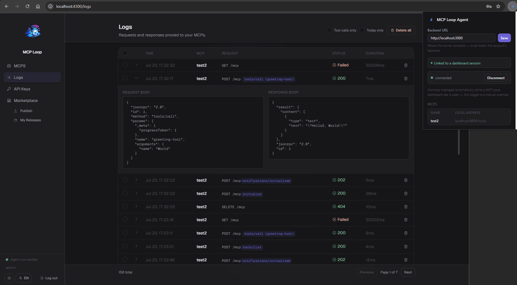 MCP Loop Chrome extension popup, dark